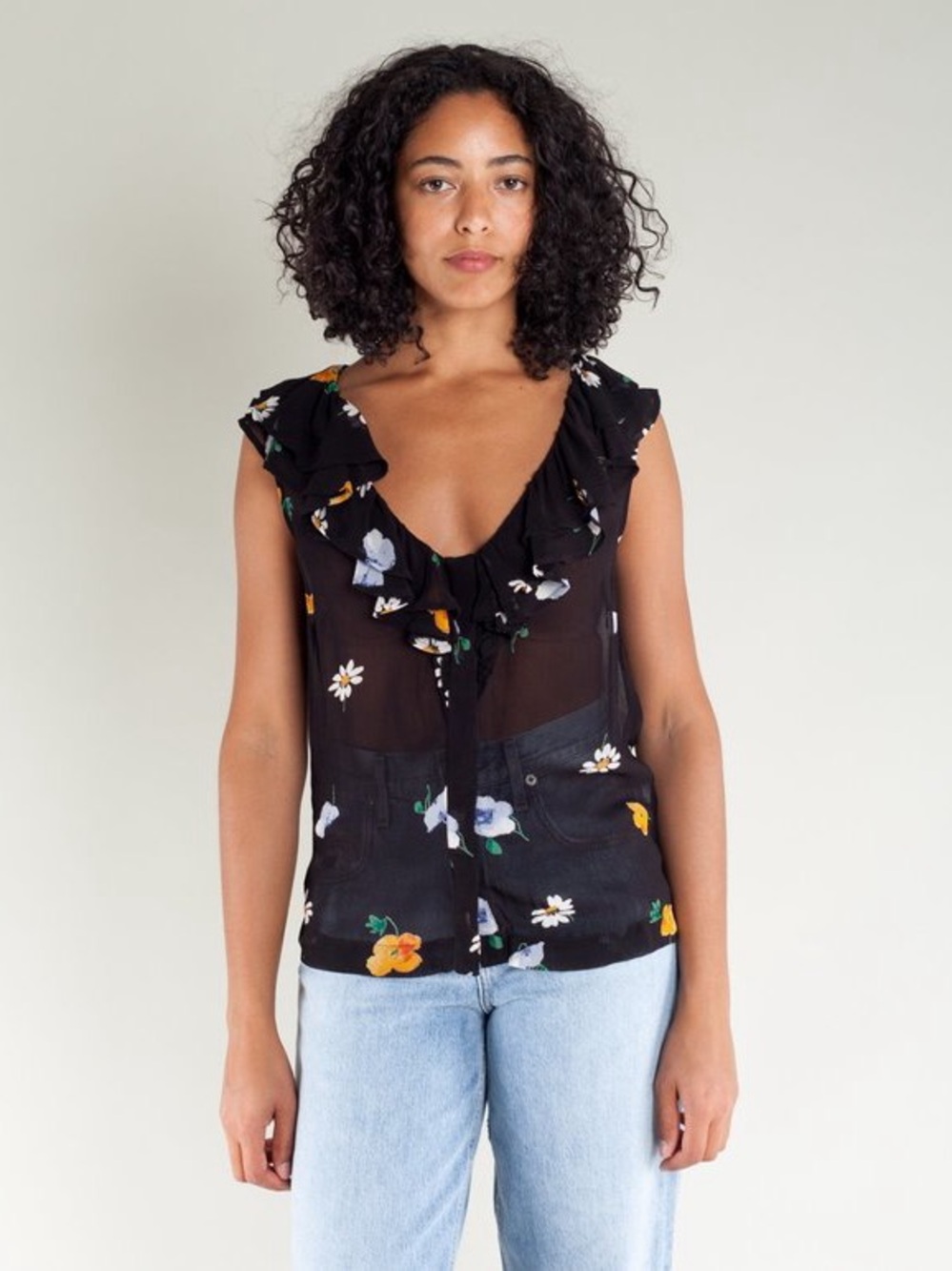 Ganni Dainty Georgette Black Sheer Ruffle Top | Size Small